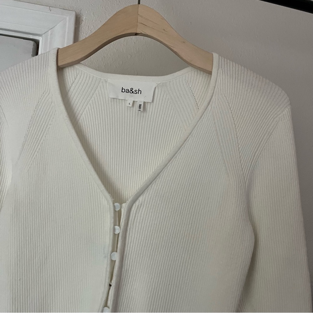 BA&SH white rib knit viscose blend chunky button up puff long sleeve top - Picture 3 of 7